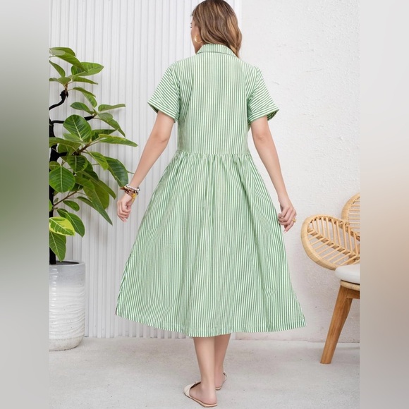 ebossy Boho Striped Button Up Side Slit Mid Long Cotton Shirt Dress with Pockets - Picture 3 of 16